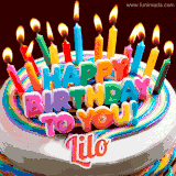 A colorful birthday cake topped with lit candles, with the words 'Happy Birthday Lilo' in bold glowing letters on a burgundy background. Animated flames add a festive touch.