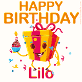 A vibrant and funny gift box character with a happy face dancing with a cupcake and the text 'Happy Birthday Lilo,' surrounded by animated confetti and party vibes.