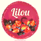 Beautifully decorated red velvet berry birthday cake with vibrant fruits and a glowing 'Lilou' name, adding a touch of sweetness and sparkle.