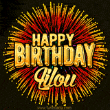 Golden 'Happy Birthday Lilou' text accompanied by animated rainbow fireworks for a festive animated greeting.