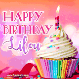 A vibrant birthday GIF featuring a rainbow-colored cupcake topped with white frosting, sprinkles, and a lit candle. The text reads 'Happy Birthday Lilou' in bold pink and violet letters with white outline.