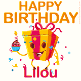 A vibrant and funny gift box character with a happy face dancing with a cupcake and the text 'Happy Birthday Lilou,' surrounded by animated confetti and party vibes.