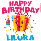 A vibrant and funny gift box character with a happy face dancing with a cupcake and the text 'Happy Birthday Lilura,' surrounded by animated confetti and party vibes.