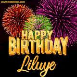 A golden 'Happy Birthday Liluye' message with vibrant fireworks in the background, creating a festive and celebratory vibe in this animated name GIF.