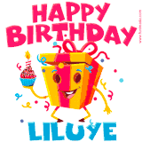 A vibrant and funny gift box character with a happy face dancing with a cupcake and the text 'Happy Birthday Liluye,' surrounded by animated confetti and party vibes.