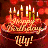 Beautifully decorated red velvet berry birthday cake with vibrant fruits and a glowing 'Lily' name, adding a touch of sweetness and sparkle.