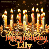 A glowing personalized birthday GIF with name Lily featuring lit candles with intricate designs, warm lighting, and the text 'Happy Birthday' in an elegant font.