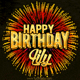 Golden 'Happy Birthday Lily' text accompanied by animated rainbow fireworks for a festive animated greeting.
