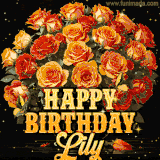 Animated bouquet of orange roses with moving butterfles and golden 'Happy Birthday Lily' text, surrounded by sparkling accents and a dark backdrop for a luxurious feel.