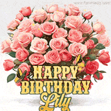 Golden 'Happy Birthday Lily' text beneath a vibrant bouquet of orange roses, complete with glittering butterflies and sparkling details.