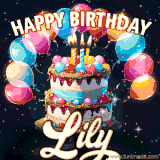 Bright birthday animation for Lily with a chocolate cake, candles, balloons, and glowing celebratory lights.