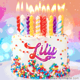 A cheerful white birthday cake with multicolor sprinkles, lit candles, and 'Lily' written in vibrant letters, in an animated GIF.