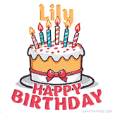 Cartoon birthday cake with a red bow, glowing candles, and 'Lily Happy Birthday' text in bold animated style.