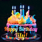 A mesmerizing animated cake with multicolor frosting and candles, and the words 'Happy Birthday Lily' on the black background.