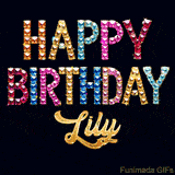 Vibrant luxury birthday greeting card for Lily, showing glittering gemstone letters and golden calligraphy on a dark background with twinkling shine effects.