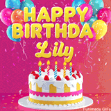 Pink-themed animated greeting with balloons, confetti, and a frosted cake under the message 'Happy Birthday Lily' in bold rounded yellow font.