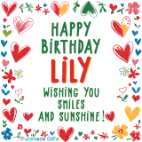 A colorful animated card for Lily’s birthday featuring playful hearts, cheerful flowers, and a handwritten message wishing smiles and sunshine.