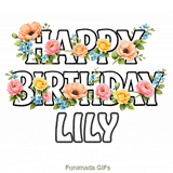Beautiful outline typography wishing Happy Birthday to Lily with animated flowers