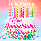 A white birthday cake covered in colorful sprinkles, topped with bright candles, and French text 'Bon Anniversaire Lilya' on a pastel gradient background in an animated GIF.