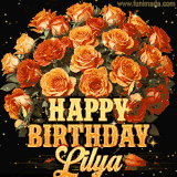 Animated bouquet of orange roses with moving butterfles and golden 'Happy Birthday Lilya' text, surrounded by sparkling accents and a dark backdrop for a luxurious feel.