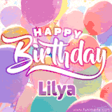 A vibrant name GIF featuring colorful balloons in shades of pink, orange, and yellow with the bold text 'Happy Birthday Lilya' in festive fonts, creating a lively birthday vibe.