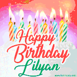 Bright birthday candles with rainbow flames on a cake, alongside the text 'Happy Birthday Lilyan' in vibrant script in this celebratory animated GIF.