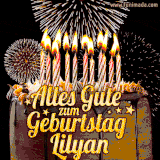 A chocolate birthday cake with glowing candles, the German text 'Alles Gute zum Geburtstag Lilyan,' and vibrant fireworks lighting up the background in an animated GIF.