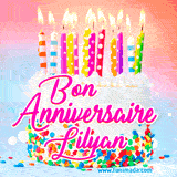 A white birthday cake covered in colorful sprinkles, topped with bright candles, and French text 'Bon Anniversaire Lilyan' on a pastel gradient background in an animated GIF.