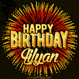 Golden 'Happy Birthday Lilyan' text accompanied by animated rainbow fireworks for a festive animated greeting.