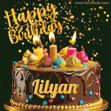 A delightful chocolate birthday cake with bright candles and 'Happy Birthday Lilyan' written in gold amidst a shower of animated stars.