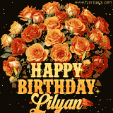 Animated bouquet of orange roses with moving butterfles and golden 'Happy Birthday Lilyan' text, surrounded by sparkling accents and a dark backdrop for a luxurious feel.