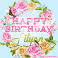 A charming animated GIF featuring 'Happy Birthday Lilyan' in pink and green text, surrounded by delicate roses, leaves, and fluttering butterflies on a soft light blue pastel background.