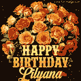 Beautiful bouquet of orange and red roses for Lilyana, golden inscription and twinkling stars