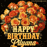 Animated bouquet of orange roses with moving butterfles and golden 'Happy Birthday Lilyana' text, surrounded by sparkling accents and a dark backdrop for a luxurious feel.