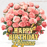 Golden 'Happy Birthday Lilyana' text beneath a vibrant bouquet of orange roses, complete with glittering butterflies and sparkling details.