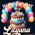 Hand-drawn happy birthday cake adorned with an arch of colorful balloons - name GIF for Lilyana