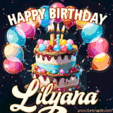 Bright birthday animation for Lilyana with a chocolate cake, candles, balloons, and glowing celebratory lights.