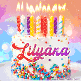 A cheerful white birthday cake with multicolor sprinkles, lit candles, and 'Lilyana' written in vibrant letters, in an animated GIF.