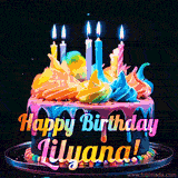 A mesmerizing animated cake with multicolor frosting and candles, and the words 'Happy Birthday Lilyana' on the black background.