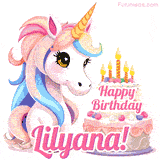 An adorable animated unicorn with soft pastel colors sits beside a birthday cake with glowing candles, and a pink 'Happy Birthday Lilyana!' words.