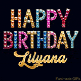 Vibrant luxury birthday greeting card for Lilyana, showing glittering gemstone letters and golden calligraphy on a dark background with twinkling shine effects.
