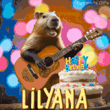 Animated birthday GIF showing a capybara playing guitar and singing beside a birthday cake with the name Lilyana in large letters and colorful bokeh lights in the background.