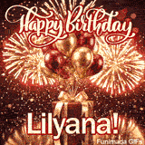 Happy Birthday Lilyana animated GIF displaying a red gift box with a golden ribbon and shiny metallic balloons.