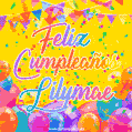 A bright and festive GIF with the text 'Feliz Cumpleaños Lilymae' in Spanish in colorful fonts, surrounded by confetti, balloons, and festive banners on a vibrant yellow background.