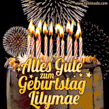 A chocolate birthday cake with glowing candles, the German text 'Alles Gute zum Geburtstag Lilymae,' and vibrant fireworks lighting up the background in an animated GIF.