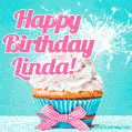 Happy Birthday Linda! Elegang Sparkling Cupcake GIF Image.