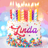 A cheerful white birthday cake with multicolor sprinkles, lit candles, and 'Linda' written in vibrant letters, in an animated GIF.