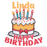 Cartoon birthday cake with a red bow, glowing candles, and 'Linda Happy Birthday' text in bold animated style.