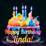 A mesmerizing animated cake with multicolor frosting and candles, and the words 'Happy Birthday Linda' on the black background.