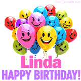 Animated colorful and joyful birthday balloons with cheerful smiles and a bright 'Happy Birthday Linda!' message in pink and purple.
